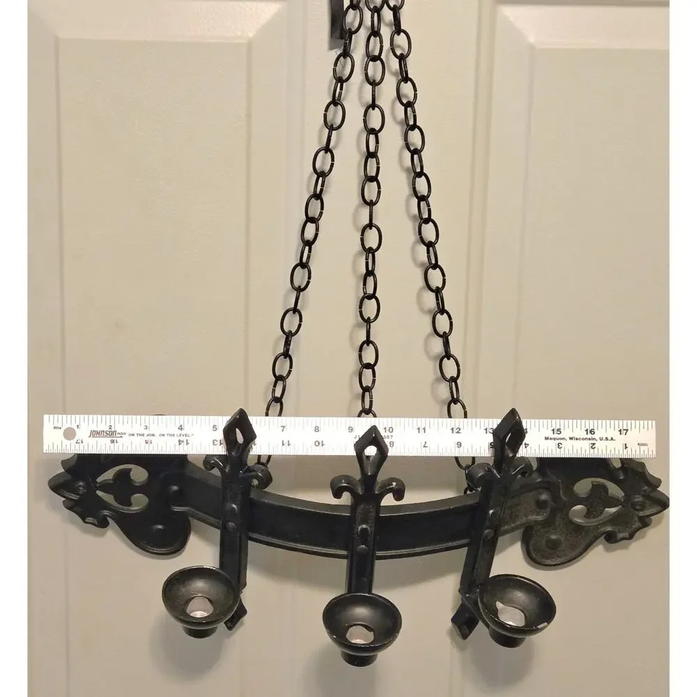 Gothic Wall Sconce 1960s 3 Candle Holders Chains Heavy Black Cast Metal